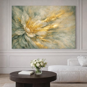 May include: Abstract floral art print featuring a large, stylized flower in shades of green, gold, and white. The artwork has a textured appearance, with gold accents radiating from the center. The print is displayed above a modern living room setting.