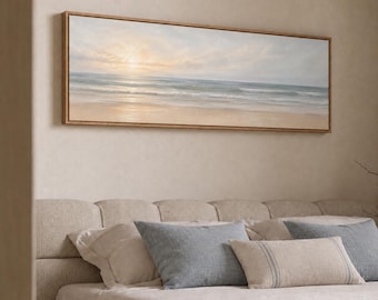 Küsten-Sonnenuntergangs-Leinwanddruck, Panorama in Pastellpfirsich und Blau
