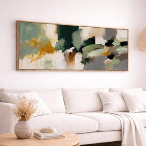 Large Horizontal Panorama Canvas, Abstract Forest Green and Gold Wall Art, Modern Wabi Sabi Above Bed Decor, Earthy Statement Art