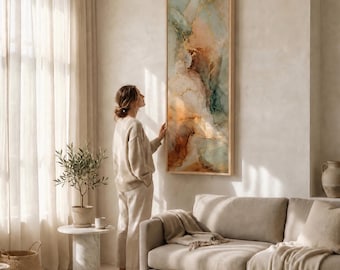 Vertical Abstract Earth Tone Canvas Art, Terracotta Aqua Wabi Sabi Decor