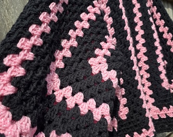 Starlit Rose Crochet Cardigan | Pink and Black Oversized Hexagon Sweater | Boho Handmade Cardigan L-XL