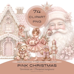 Op de afbeelding: Een digitale collectie van 74 roze kerst-clipart PNG-bestanden met een peperkoekhuisje, de Kerstman, een kind in een jurk, een teddybeer, een peperkoekmannetje, een notenkraker, een kerstsok en een sneeuwvlok met de tekst 74 CLIPART PNG.