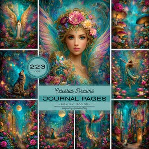 May include: A collection of 223 digital journal pages titled Celestial Dreams, featuring vibrant fantasy illustrations of winged beings, a wolf, a phoenix, and enchanted landscapes with flowers, measuring 21.59 x 27.94 cm at 300 DPI.
