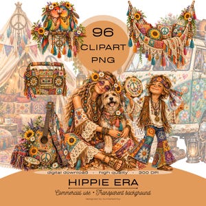 Op de afbeelding: Een digitale collectie van 96 PNG-clipartafbeeldingen met een hippie-thema. De elementen bevatten een versierde bus, een tent, een gitaar, een boombox, een hangmat en illustraties van een persoon met een hond en een kind, versierd met bloemmotieven.