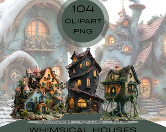 Whimsical Houses Clipart PNG Bundle, Surreal Buildings Graphics, Quirky Art for Junk Journals & Scrapbooking, Sublimation, Commercial Use