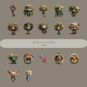 May include: A collection of whimsical, fantasy-themed figurines and a key. The figurines have leaf-like hair and clothing, with various colors and designs. The text "What is included 6/6" is displayed on a light-colored oval.