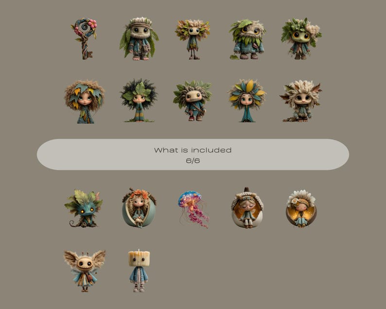 May include: A collection of whimsical, fantasy-themed figurines and a key. The figurines have leaf-like hair and clothing, with various colors and designs. The text "What is included 6/6" is displayed on a light-colored oval.