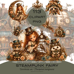 Puede incluir: Una colección digital de 113 archivos clipart PNG con temática steampunk que incluye hadas, un ratón, un erizo, un murciélago, un colibrí y una jaula, adornados con engranajes, relojes y detalles florales en tonos marrón, dorado y verde azulado.