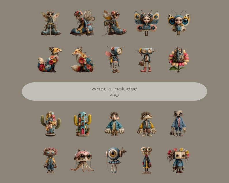 May include: A collection of whimsical, miniature figurines, including fairies, robots, and foxes, with intricate details and vibrant colors. The text "What is included 4/6" is displayed on a white oval.