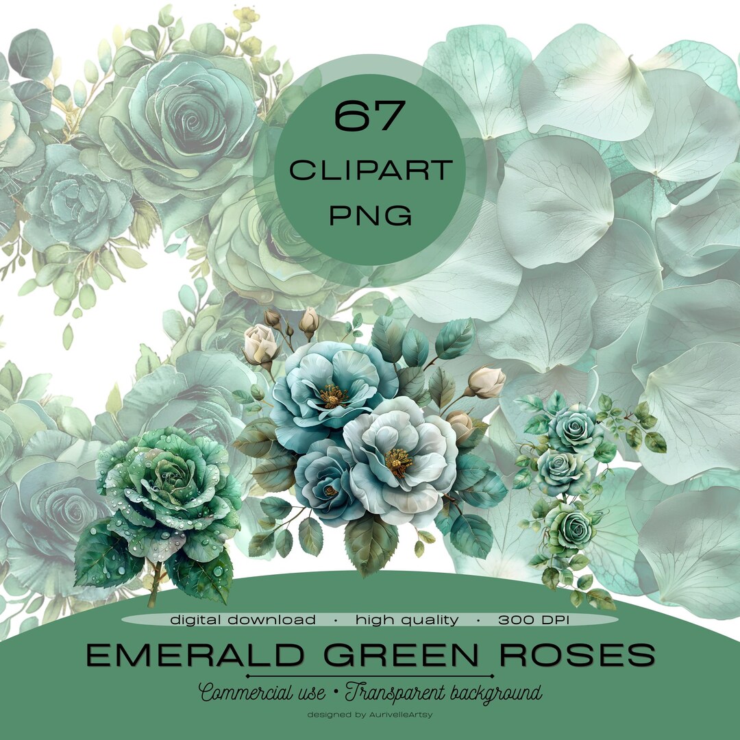Emerald Green Roses Clipart PNG Bundle, Watercolor White and Verdant ...