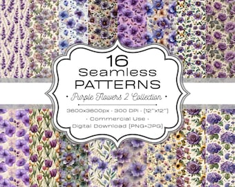 Purple Floral Seamless Patterns Bundle, Purple Flower Digital Papers, Botanical Repeat Pattern, Instant Download, Commercial Use (PNG & JPG)