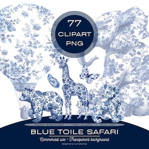 Zestaw clipartów Blue Toile Safari PNG, zwierzęta dżungli, wzór Chinoiserie Toile de Jouy, dekoracje na baby shower, do użytku komercyjnego