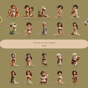 May include: Digital illustrations of biblical figures, including Daniel, Adam and Eve, Abraham, Jacob, David, Sarah, Samson, Ruth, Rebekah, Queen Esther, Pharaoh, Noah, Moses, Leah, Miriam, King Solomon, Jonah, and Jael. The text "What is included 2/3" is also present.