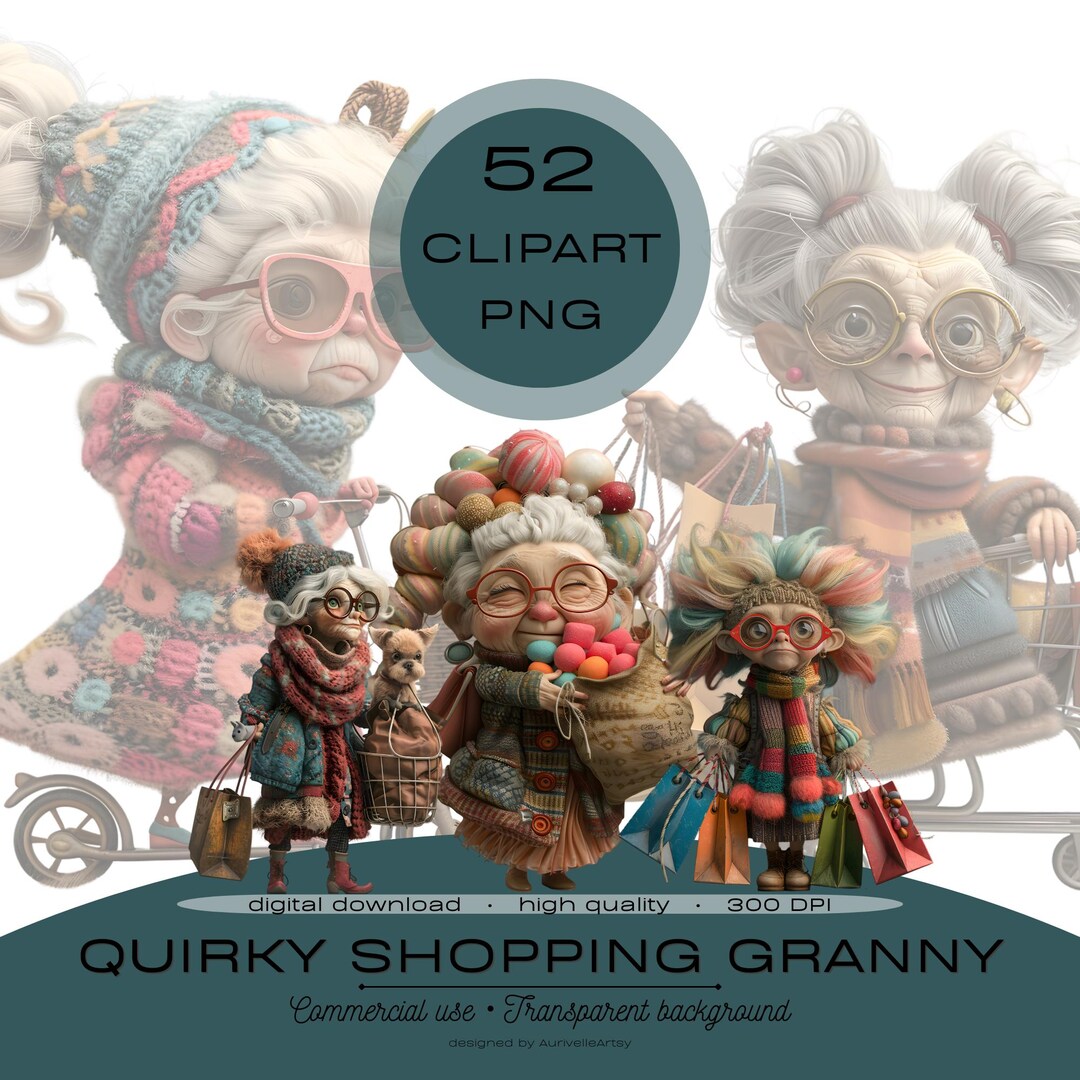 Funny Grandma Clipart PNG Bundle, Whimsical Shopping Grandma, Quirky ...