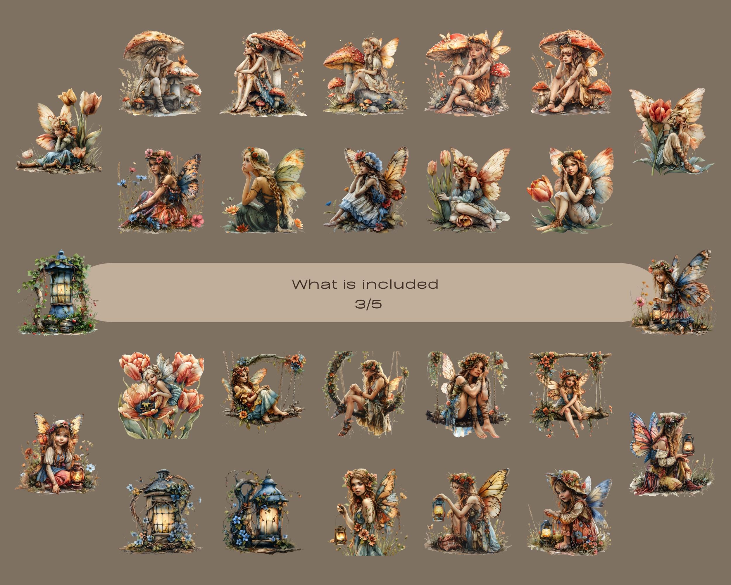 Fairy Garden Clipart PNG Bundle, Watercolor Fairies, Mushrooms and ...
