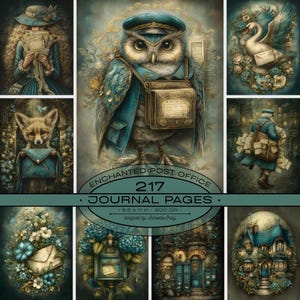 May include: A digital collection of 217 journal pages titled Enchanted Post Office, featuring illustrations of an owl mail carrier, a fox with a letter, a swan, a post office building, and floral mail motifs in shades of blue and cream.