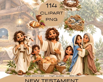 May include: A digital collection of 114 New Testament themed clipart PNG files featuring illustrations of Jesus, Mary, a lamb, a dove, a crown of thorns, a basket of bread, and a net of fish, all set against a soft, light-colored background.