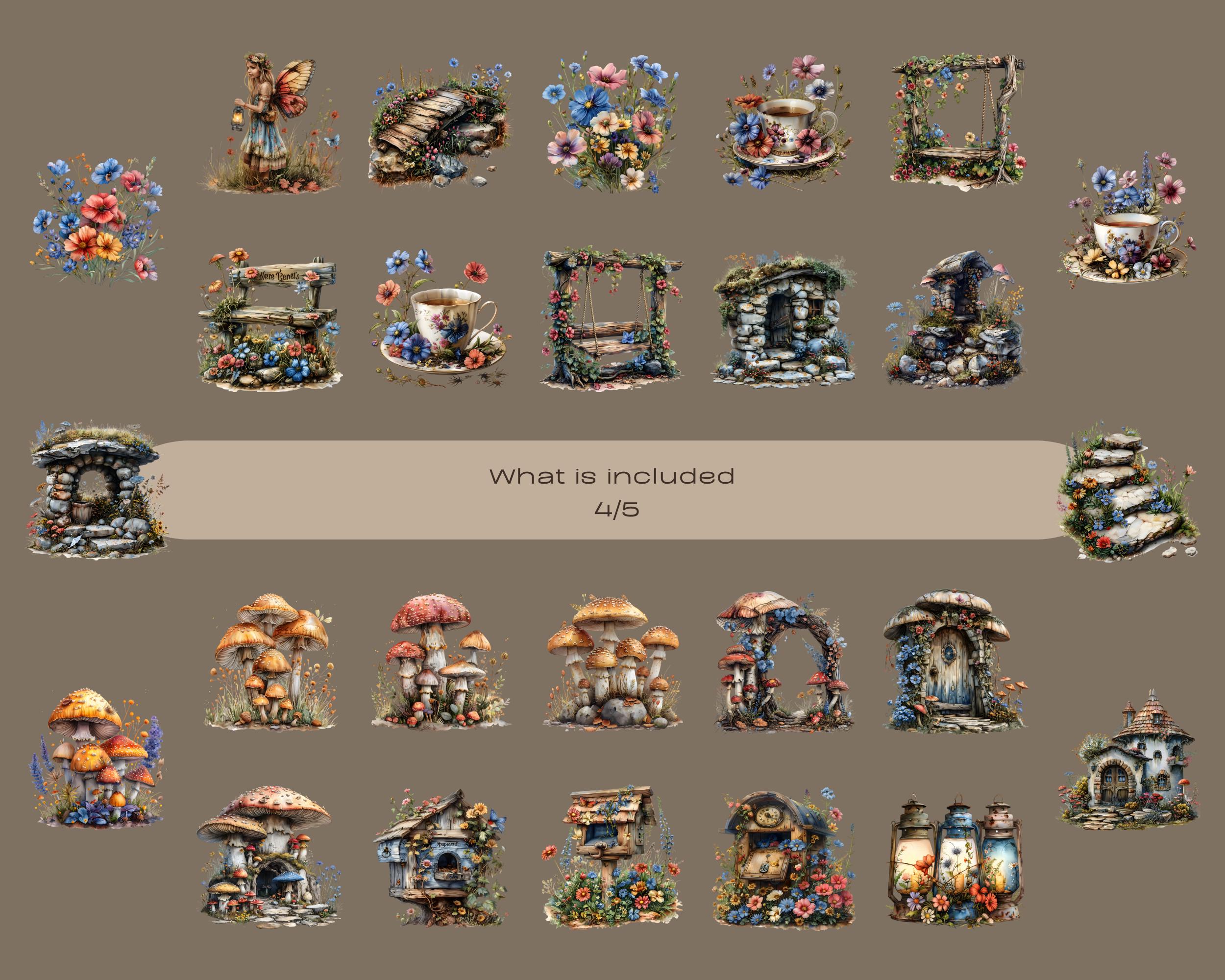 Fairy Garden Clipart PNG Bundle, Watercolor Fairies, Mushrooms and ...