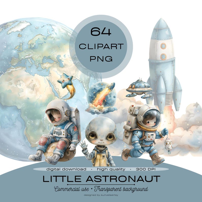 Watercolor Space Clipart PNG Bundle, Astronaut Nursery Decor, Baby ...