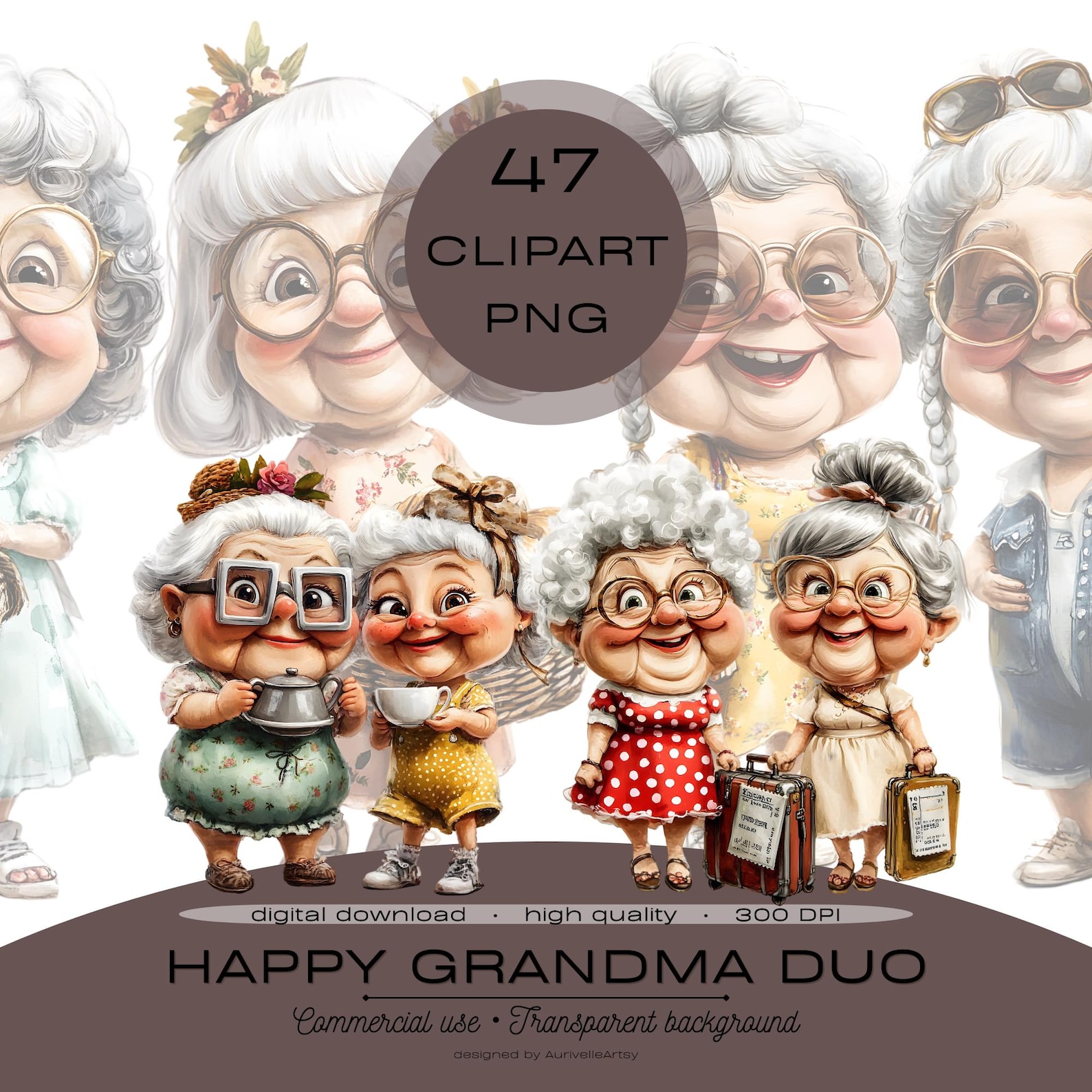 Grandma Clipart PNG Bundle, Funny Senior Friends, Happy Two Old Ladies ...