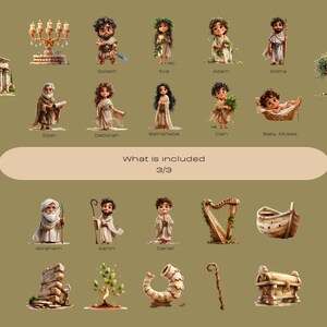 May include: A collection of illustrated biblical figures and objects, including Goliath, Eve, Adam, Elijah, Deborah, and others. The image also includes a menorah, a harp, and a boat. Text reads "What is included 3/3".