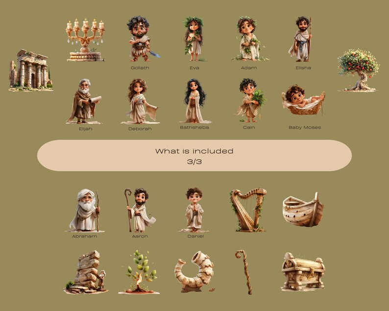 May include: A collection of illustrated biblical figures and objects, including Goliath, Eve, Adam, Elijah, Deborah, and others. The image also includes a menorah, a harp, and a boat. Text reads "What is included 3/3".