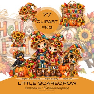 Puede incluir: Una colección digital de 77 archivos clipart PNG con temática otoñal que incluye dos espantapájaros, calabazas, girasoles, una pajarera, un cuervo y una regadera. El texto dice 77 CLIPART PNG, Harvest Time, Hello Fall y LITTLE SCARECROW.