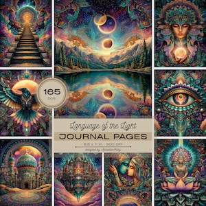 May include: A collection of 165 digital journal pages titled Language of the Light, measuring 8.5 x 11 inches at 300 DPI. The pages feature vibrant, intricate illustrations of celestial landscapes, meditative figures, cosmic eyes, and ornate architecture.