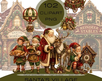Puede incluir: Una colección digital de 102 imágenes prediseñadas en formato PNG que incluyen a Santa Claus, elfos, un reno, un globo aerostático y un carro lleno de regalos. Los gráficos muestran escenas festivas con el taller de Santa de fondo.