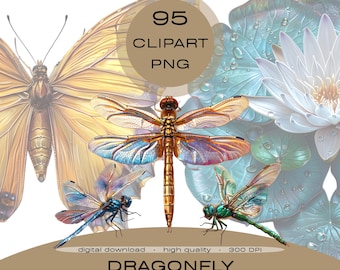 Dragonfly Clipart PNG Bundle, Watercolor Dragonfly and Flowers, Scrapbook, Sublimation, Transparent PNG, Instant Download, Commercial Use