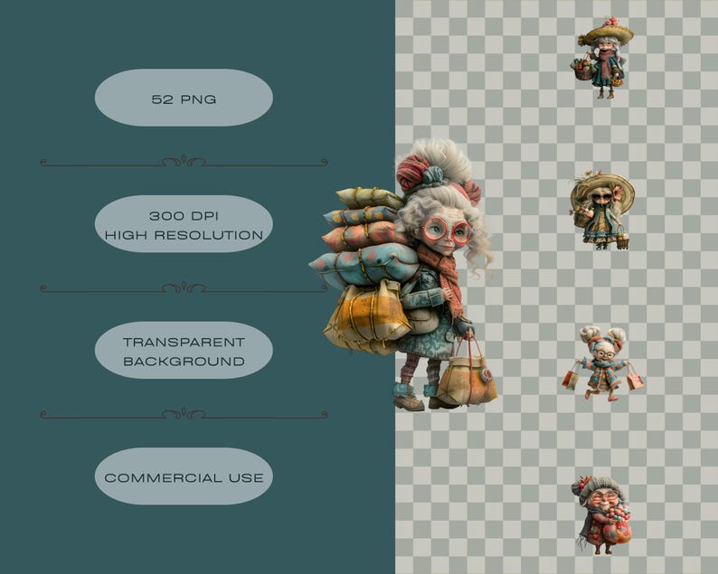 Funny Grandma Clipart PNG Bundle, Whimsical Shopping Grandma, Quirky ...