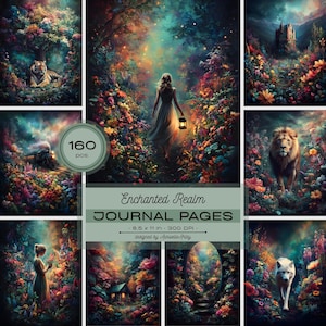 Può includere: Una raccolta di 160 pagine di diario digitali intitolate Enchanted Realm, che misurano 21,59 x 27,94 cm. Le immagini mostrano paesaggi floreali vivaci e colorati con una tigre, un leone, un lupo, un treno, una piccola casa e figure con lanterne.