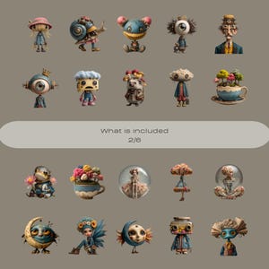 May include: A collection of whimsical, illustrated characters with unique designs. Each character has a distinct appearance, with varied colors, textures, and accessories. The image includes the text "What is included 2/6".