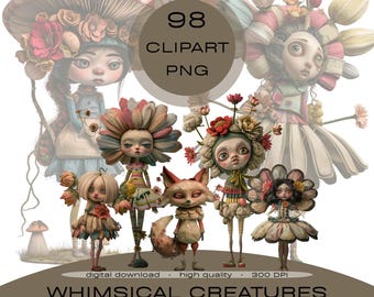 Whimsical Creatures Clipart PNG Bundle, Quirky Surreal Characters, Planner Stickers, Sublimation, Scrapbook, Junk Journal, Commercial Use