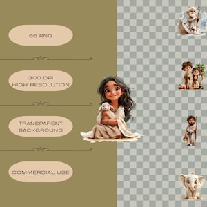 May include: Digital illustrations featuring a young woman with long dark hair holding a white rabbit. Additional illustrations include religious figures and an elephant. Text on the left side reads "66 PNG", "300 DPI HIGH RESOLUTION", "TRANSPARENT BACKGROUND", and "COMMERCIAL USE".