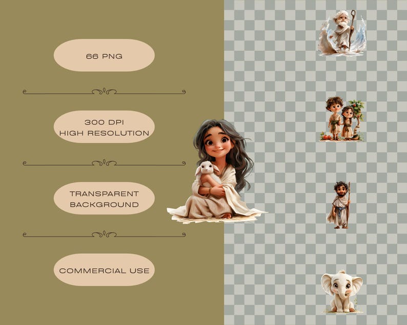 May include: Digital illustrations featuring a young woman with long dark hair holding a white rabbit. Additional illustrations include religious figures and an elephant. Text on the left side reads "66 PNG", "300 DPI HIGH RESOLUTION", "TRANSPARENT BACKGROUND", and "COMMERCIAL USE".