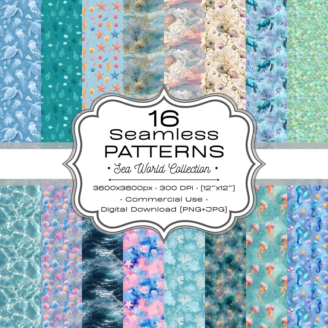 Ocean Seamless Patterns Bundle, Underwater Digital Papers, Sea Animals ...