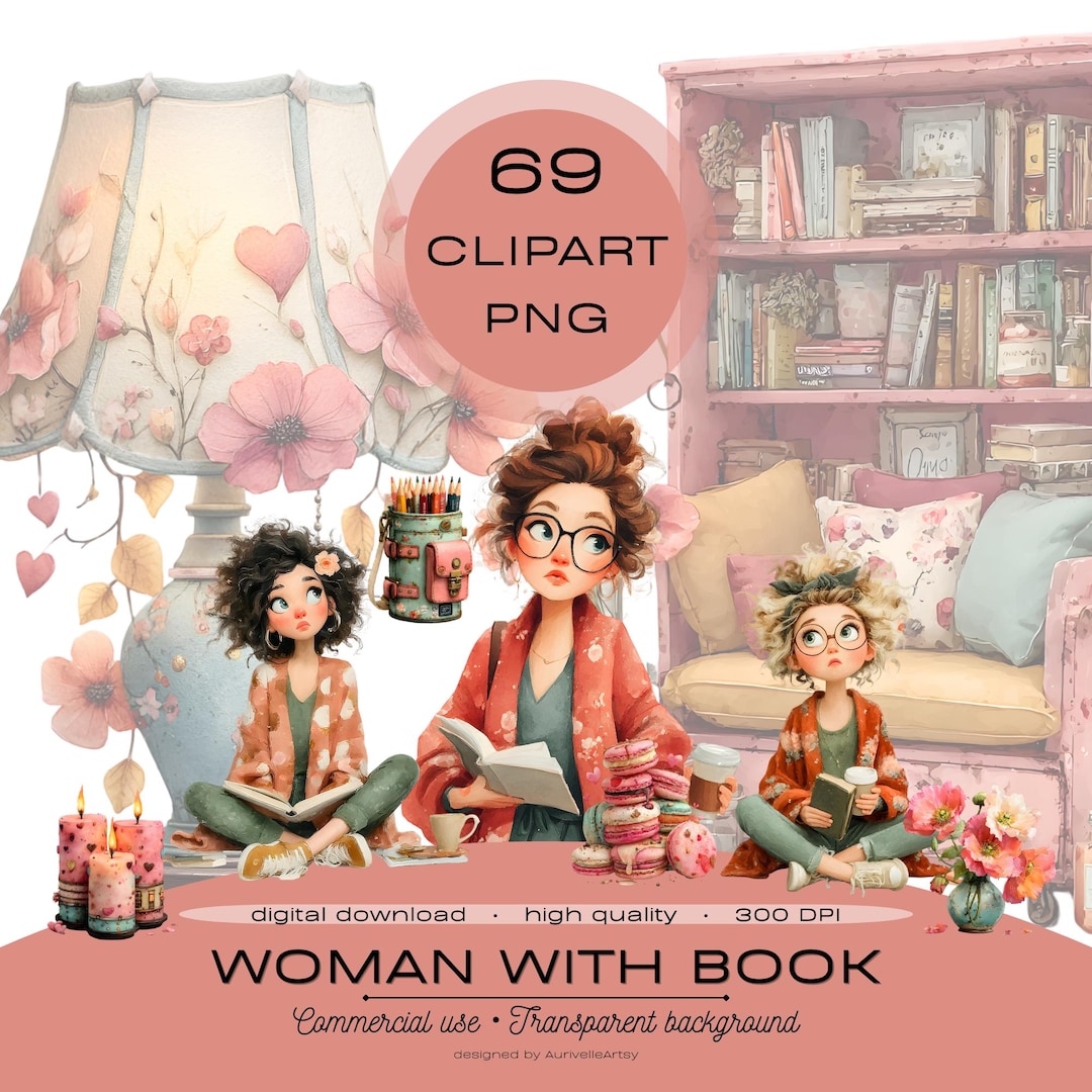 Book Lover Clipart PNG Bundle, Watercolor Cozy Reading Girls, Planner ...