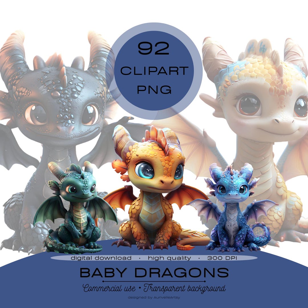 Baby Dragon Clipart PNG Bundle, Kawaii Fantasy Dragons, Kids Clipart ...