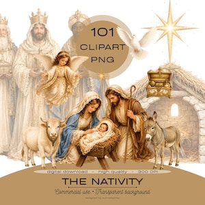 Pode incluir: Uma coleção de 101 imagens clipart PNG digitais apresentando uma cena de natividade com figuras da sagrada família, um anjo, uma vaca, um burro, uma estrela e um baú de tesouro. O texto diz 101 CLIPART PNG, THE NATIVITY, digital download, high quality, 300 DPI.
