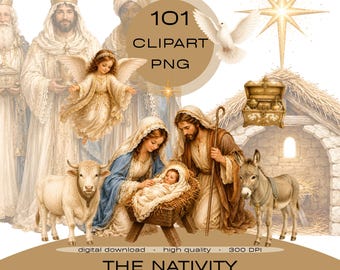 May include: A collection of 101 digital clipart PNG images featuring a nativity scene with figures of the holy family, an angel, a cow, a donkey, a star, and a treasure chest. The text reads 101 CLIPART PNG, THE NATIVITY, digital download, high quality, 300 DPI.