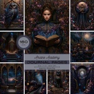 Pode incluir: Uma coleção digital de 160 páginas de diário Arcane Academy com ilustrações de fantasia sombria de uma coruja, uma pessoa lendo, um castelo, um trem, um gato e interiores de biblioteca com o texto Arcane Academy JOURNAL PAGES 8.5 x 11 in 300 DPI.
