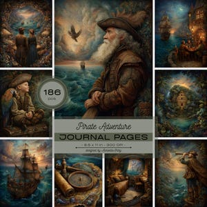 May include: A collection of 186 digital journal pages titled Pirate Adventure, featuring various nautical and pirate-themed illustrations including ships, a bearded captain, a compass, and tropical landscapes, measuring 8.5 by 11 inches at 300 DPI.