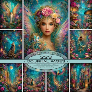 May include: A digital art print featuring a woman with floral headwear and angel wings, surrounded by fantasy scenes. The journal includes 223 pages and measures 8.5 x 11 inches. The artwork is designed by Aurivelle Artsy.