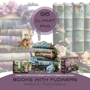 Floral Book Clipart PNG Bundle, Book Stack, Spring Reading, Book Lover Clipart, Planner Sticker, Scrapbooking, Sublimation, Commercial Use