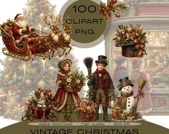 May include: A collection of 100 digital Christmas clipart PNG files featuring vintage illustrations of Santa in a sleigh with reindeer, a child with a basket, a child with a broom, a snowman, a cat in a gift box, an owl, and a top hat.
