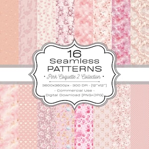 May include: A digital download featuring 16 seamless pink patterns. The patterns include teddy bears, hearts, and floral designs. The image includes the text "16 Seamless Patterns Pink Coquette 2 Collection" and "Digital Download [PNG+JPG]"