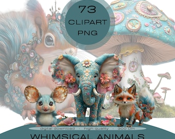 Whimsical Animals Clipart PNG Bundle, Quirky Surreal Animals Clipart, Planner Stickers, Sublimation, Scrapbook, Junk Journal, Commercial Use