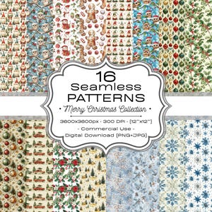 May include: A digital download graphic featuring 16 seamless Christmas patterns. The patterns include gnomes, owls, gingerbread men, ornaments, snowflakes, and holly. The image includes the text "16 Seamless Patterns - Merry Christmas Collection."