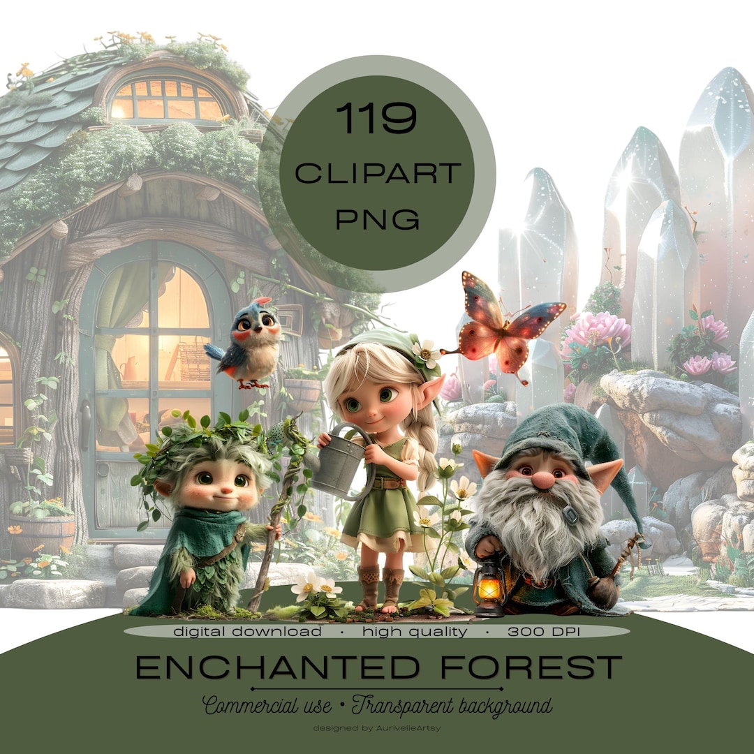 Enchanted Forest Clipart PNG Bundle, Fairy Woodland Watercolor Graphics ...